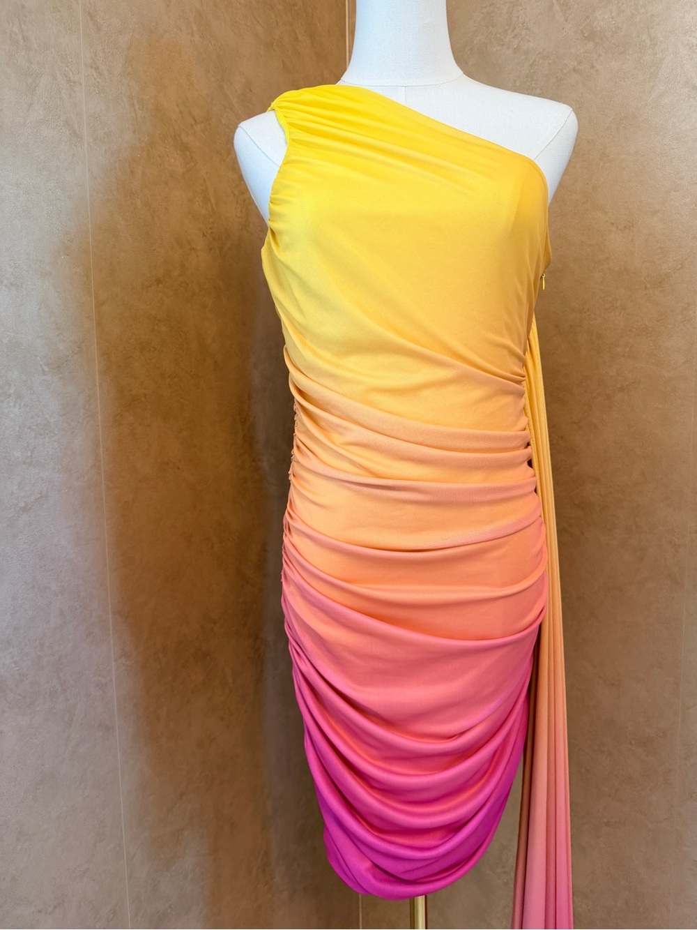 SHEIN Yellow to Pink Ombre One-Shoulder Ruched Mini Dress - Picture 1 of 7